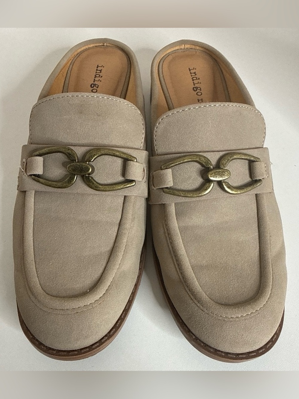Indigo Rd Taupe Suede Mule Loafers Gold Chain Hardware Size 7.5